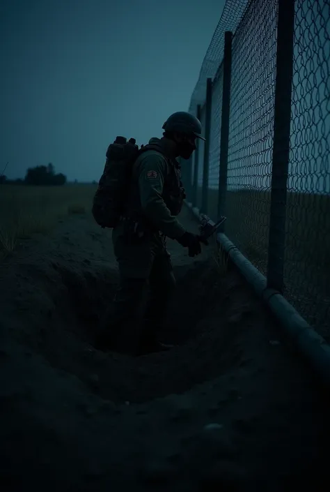 A soldier crossing border fence in night by digging a hole undee it sneakingly