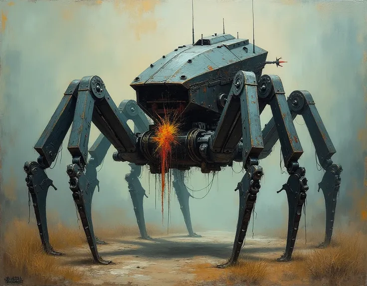 concept art, Clockworkspider tank walker from the First World War . Oil painting on trend, muted colors, slate tones, brush strokes, puffy marks, hydraulics, sharp areas next to smooth areas, dark next to light, soft next to hard, explosion of colorful pai...