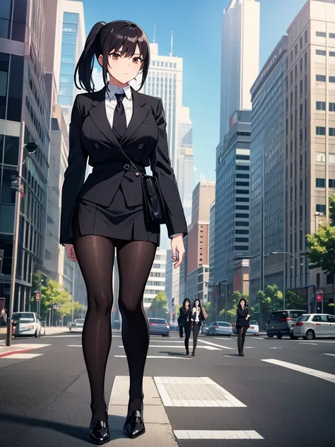 Thick sunlight　Provocative composition:3.6　woman　Walking through the business district　Cloudy　Full body view　sweat　ponytail:3.6　Social People　Black recruitment suit　White collared shirt　Three-quarter sleeves　Black Skirt　Black short hair, straight hair, hai...