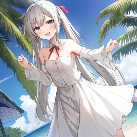 masterpiece, best quality, beach, kasugano sora, happy, bare shoulder, white dress, gray hair, twin tails, long hair, hair ribbo...