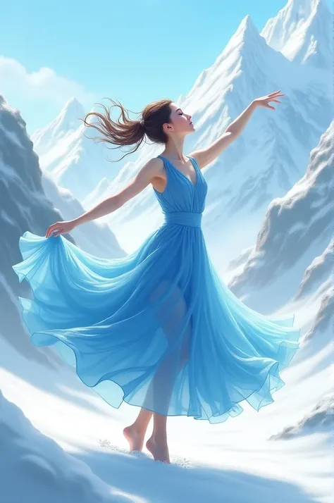 Blue dress model dancing around the white mountaina