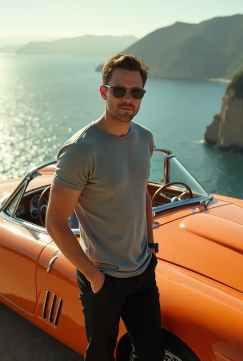 Young Adult Ben Affleck wearing grey tshirt and black and black sunglasses pants next to An convertible 1962 orange ferrari on the edge of a cliff with water in the background, afternoon time