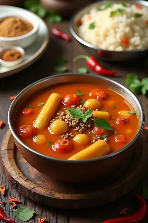 A bowl of traditional Chennai-style sambar placed on a wooden table. The sambar is rich in color, with a bright orange-red hue from the Kashmiri chili powder and tamarind. Drumsticks, shallots, and tomatoes float in the thick, soupy base, while fresh curry...