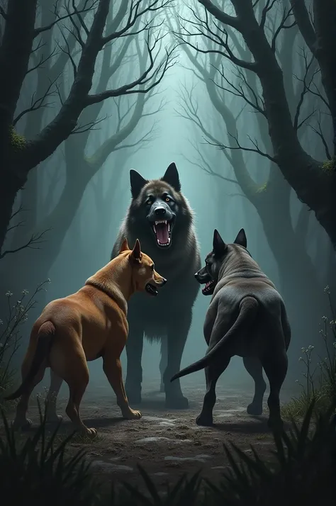 Two pitbulls vs 1 kangal dog with dark forest background