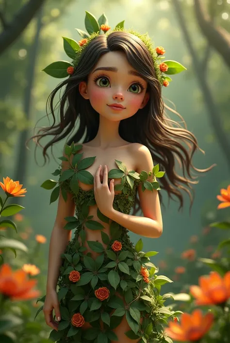 animation of a woman based on eva from genesis with clothes in leaves with a curious expression add in this same image a man holding hands with the woman with clothes covering her genitals with leaves and both smiling