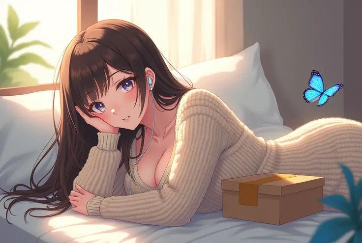 Long Hair, Japanese,Large Breasts, knit,adult,No exposure,anime,Blue Butterfly,delivery,Prone,Earphones
