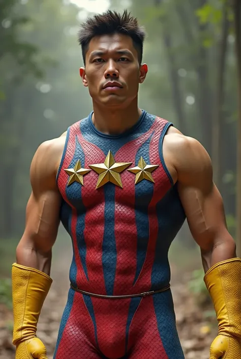 generate  full Body photorealistic handsome hunky clean shaven slender Philippine flag as a hero wearing red and blue scales textured sleeveless spandex, yellow boots and gloves  with 3 golden embosed stars, no cape,, in action,,