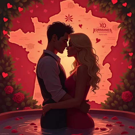 2 silhouettes: 1 man and 1 woman, Entwined. The background has red pink colors, with hearts, red rose petals, un jacuzzi. The background of the coin represents a map of France. The map is in the style of a treasure map with an X located in Normandy. 
The w...