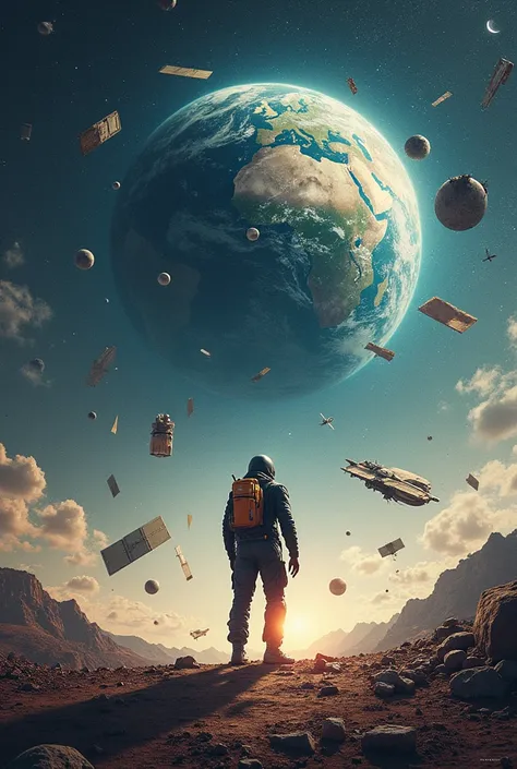 Make an advertising poster that motivates people to become aware of the dangers and consequences that space junk represents for our planet. It can be drawn or made on cardboard. Give me ideas.