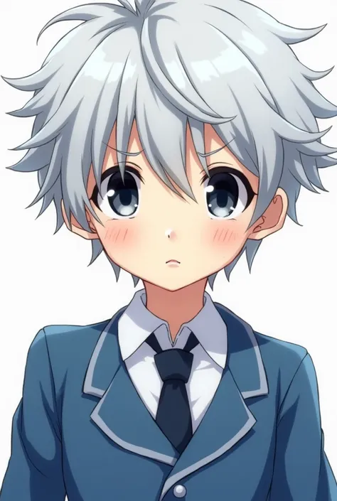 Anime, a boy wearing a blue school uniform, has black-gray eyes and white hair that tends to be gray.