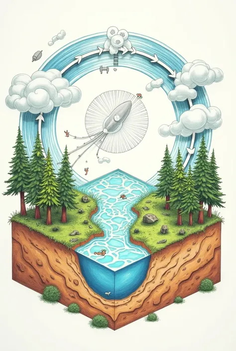 A DRAWING of the PHOSPHORUS CYCLE that includes the four spheres (Atmosphere, Biosphere, hydrosphere and geosphere).