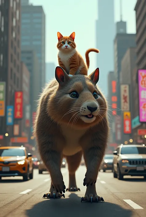 “Cat riding a giant rodent down a road with cars passing by in the background.”
