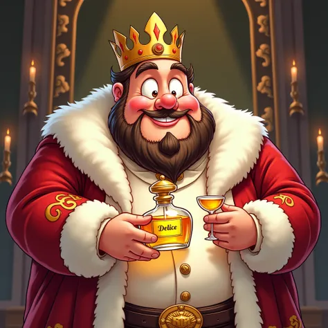 Illustration for the cartoon fat king perfumer, how he holds a decanter of perfume oil in his hands, sniffs it and admires the aroma. Brand of Perfume Oil Delice