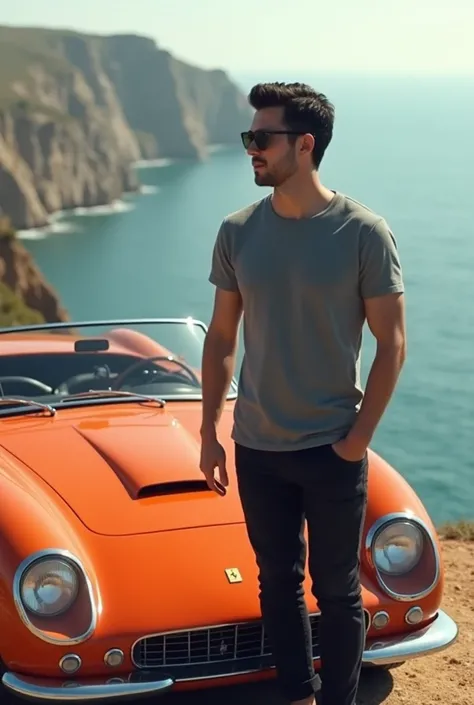 Young Adult black haired Ben Affleck wearing grey tshirt and black and black sunglasses pants next to An convertible 1962 orange ferrari on the edge of a cliff with water in the background, afternoon time