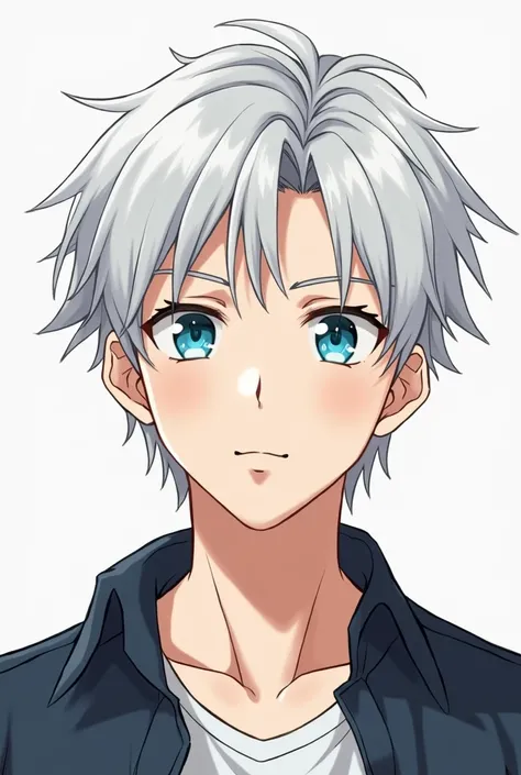  A manga man with blue eyes and white hair, he is an adult at the age of 28 and handsome with short hair in the style of the anime Jujutsu Kaisen with a cute face but is mature. 