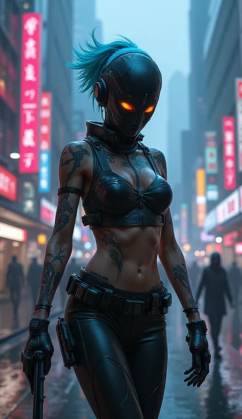 A slender figure in their late 30s, with short, neon-blue hair styled into sharp spikes. Their skin is adorned with intricate bioluminescent tattoos that pulse with a faint glow. A visored helmet obscures their face, but behind it, glowing orange eyes scan...