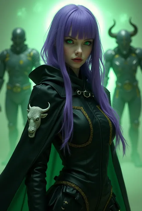 A woman with a round face and long purple hair that falls to her shoulders, shaved on the right side. She has striking green eyes. She is dressed in dark gothic clothing and wears a short black cloak that reaches mid-arm length, featuring a prominent white...