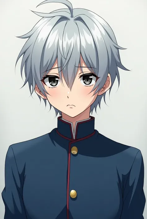 Anime, a 17-1 male wearing a blue school uniform, has black-gray eyes and white-gray hair, has a gloomy, sad face.