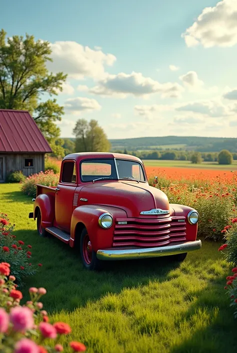 vintage red pickup truck, standing in vibrant garden, colorful flowers in bloom, lush green grass, serene rural landscape, fields of blooming flowers in distance, tall trees with summer foliage, wooden barn with red roof, clear sky with soft clouds, golden...