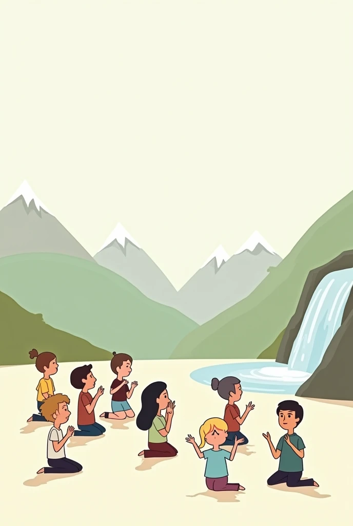 Generates an image where people are kneeling in worship in black and a landscape with mountains and a small waterfall on the right, that everything is animated and looks cute and easy to draw. Let the animation be simple and not realistic. Make it more liv...