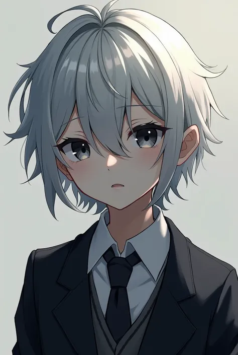 Anime, a 17-1 male student wearing a school uniform, has black-gray eyes and white hair that tends to gray. He has a dark face covered in black tones.