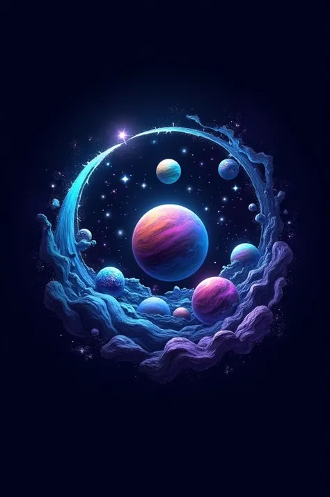 A logo with the colors blue, black and purple that had planets and stars 