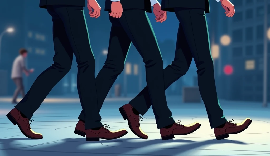 Pixar Disney drawing of a man&#39;s feet from the front, dress with black pants and smart casual shoes, White color, at night, in an open environment. The same man quadrupled, with the sequence that the movement of the feet and legs makes of walking.