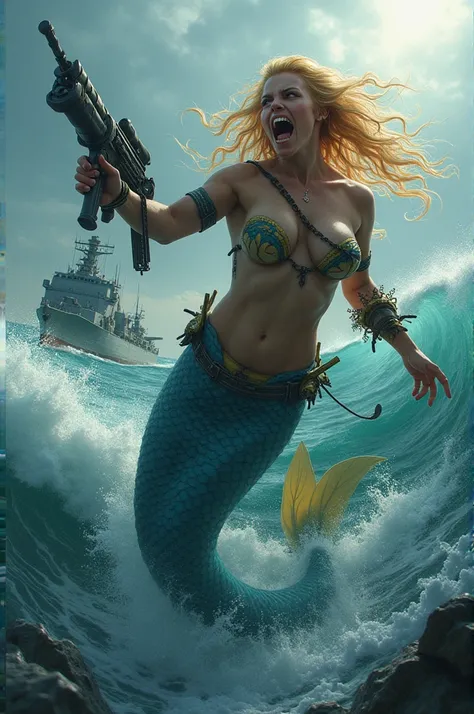 A heavily armed with a torpedo, bare-breasted mermaid with beautiful blue and yellow fin and scales, who have their naked, sharpen, showing off her swollen udder. She swims in large waves and attacks a warship of the Russian army off the coast of Crimea. H...