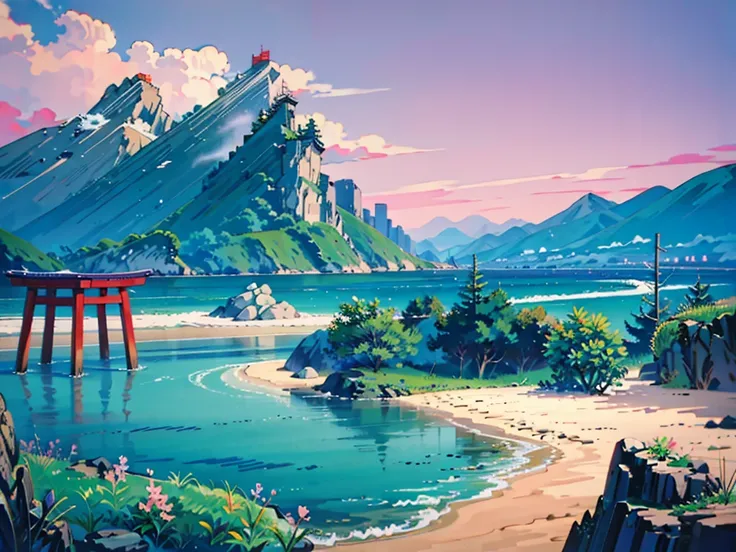 1980s Japanese landscapes for anime backgrounds、Scenery of a beach. Japanese coast. The sea, mountains, skyline far away in the background. Summer Vibes. A touch like an old photograph. Only Background. No People. Relaxed Scenery, Japanese anime、Painted la...