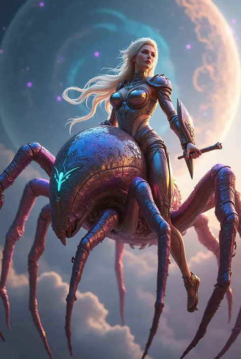 A stunning armoroid lady equipped with a sword and shield, riding on a iridescent space spider, highly intricate details, vibrant colors, (best quality,4k,8k,highres,masterpiece:1.2),ultra-detailed,(realistic,photorealistic,photo-realistic:1.37),detailed f...