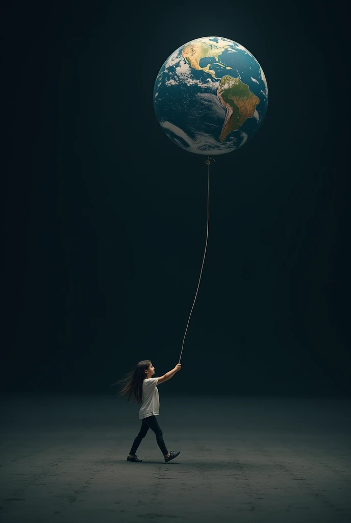 one ! Dragging a balloon a little distance in the shape of planet Earth , walking at night in the void as if she were taking the world with her. Indicating that the world is his!