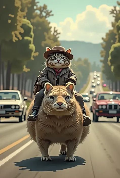 “Cat wearing a hat and holding a bag, riding a giant rodent down a rural road, with trees on both sides. Add cars passing by in the background, creating a sense of movement and contrast.”