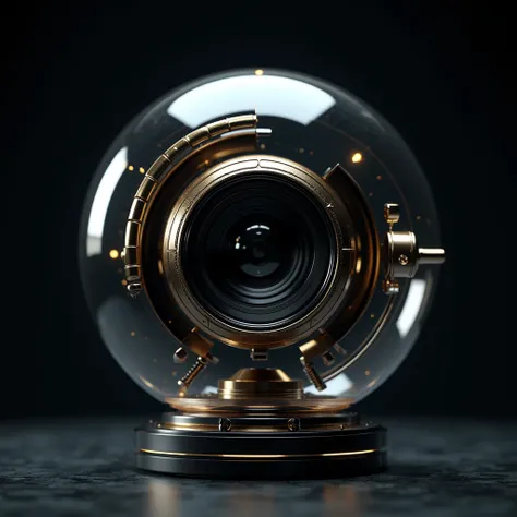 futuristic sci-fi transparent globe, sci-fi camera lens in center, black and gold, black background, futuristic sci-fi high tech stealth spy camera device, best quality, 4k, 8k, highres, masterpiece, ultra-detailed, realistic, photorealistic, photo-realist...