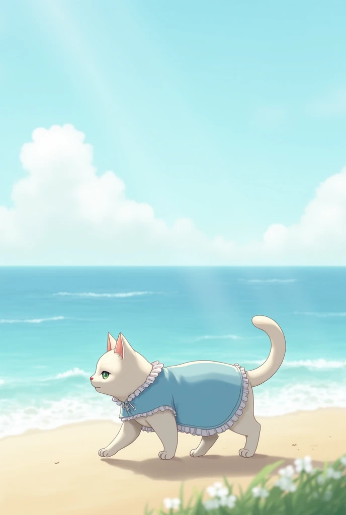 White cat wearing blue frock walking along the waves of  sea shore with some clouds in sky