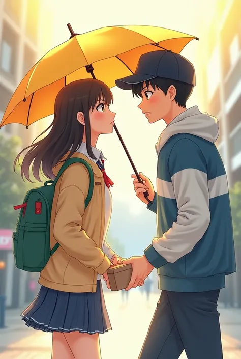 [A cute Asian couple, the young woman in a school uniform, with a backpack, is holding a yellow umbrella over her head, while a young man in a blue and white jacket with a black cap, who is holding a package in his hands. The scene is full of youthful ener...