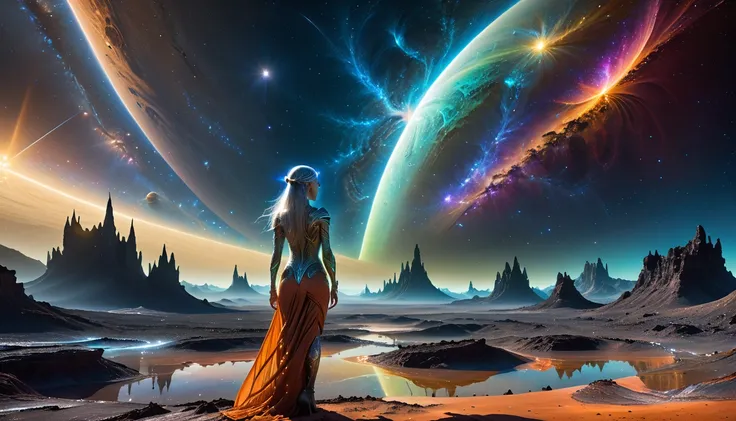 an awe-inspiring hdr image depicting a giant elven woman gracefully standing on the vibrant soil of a distant planet. ((a spacec...