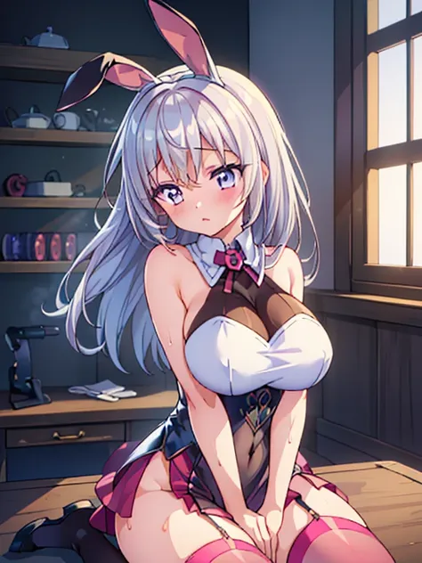 nsfw,((1girl),(looking away),(both hands between legs)), (masterpiece,best quality,high-resolution,detailed fingers,detailed hands,detailed eyes,detailed legs:1.5), (silver hair,long hair,shiny hair:1.3), ((pink clothes), (playboy bunny),(garter belt,thigh...