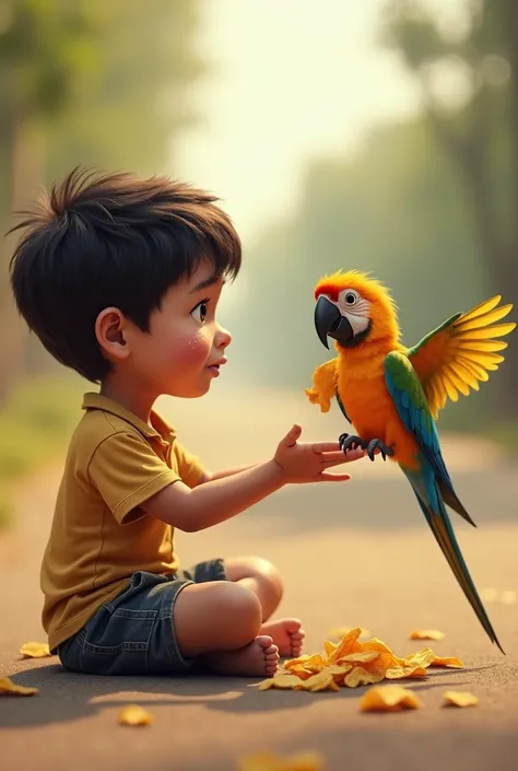 A  small boy is eating lays kurkure on a road and a parrot is kurkure from the hand of the boy and the boy is crying with tears