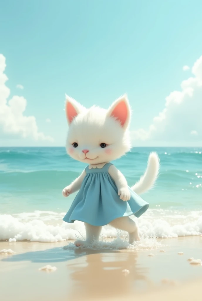 White cat wearing blue frock with girl body walking along the waves of  sea shore with some clouds in sky