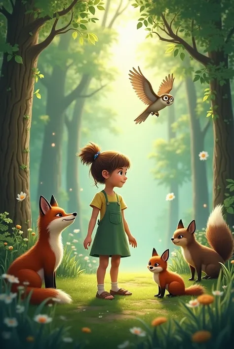 The girl meets several forest animals, a fox, an owl and a squirrel, who teach him to take care of the animated environment 