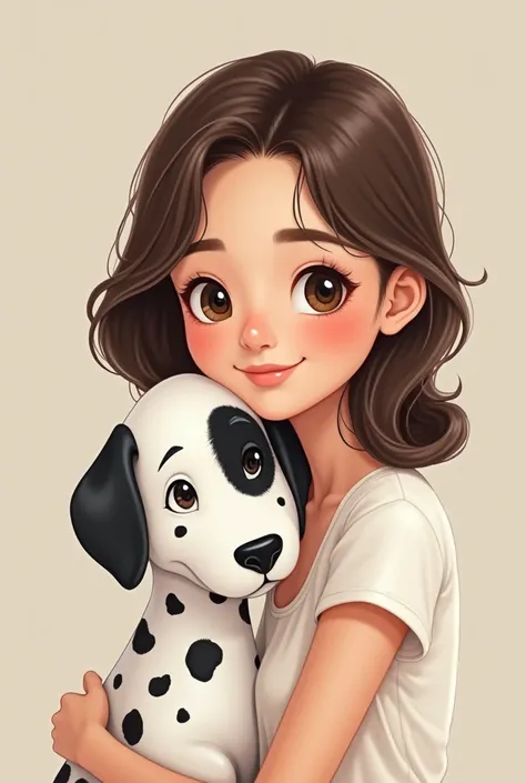 
Portrait of a 30-year-old lady in a cartoon. She has brown hair., slightly wavy, subtly slanted eyes, and white skin. She is looking directly at the camera with a friendly expression..
- *Dalmatian dog:* It&#39;s an adult dog. He is hugged by the girl, an...