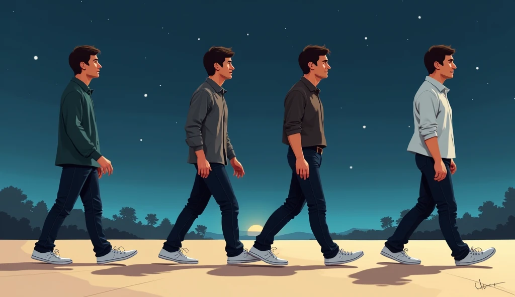 Pixar Disney drawing of a man walking forward, showing only the legs and feet of the feet, dress with black pants and white sneakers, at night, in an open environment. The same man quadrupled, each one in the sequence that the movement of the feet and legs...