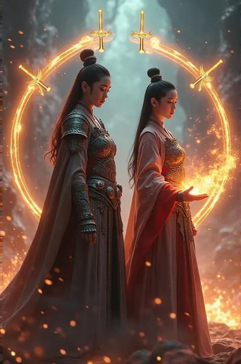 Hyper-realistic photo of a 2 korean girl in armor with a robe with intricately carved accents and armor boots, in the middle of her hand emits a text from black flames "LOVELY ", behind him are gold neon swords lined up and forming a hologram circle with b...