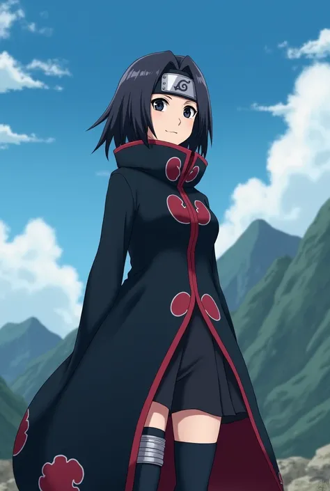 Naruto Shippuden, female twin, loose short black hair, thin with the Akatsuki Konoha band and the Akatsuki uniform, black eyes and he&#39;s on a mountain and the sky is blue and he&#39;s smiling