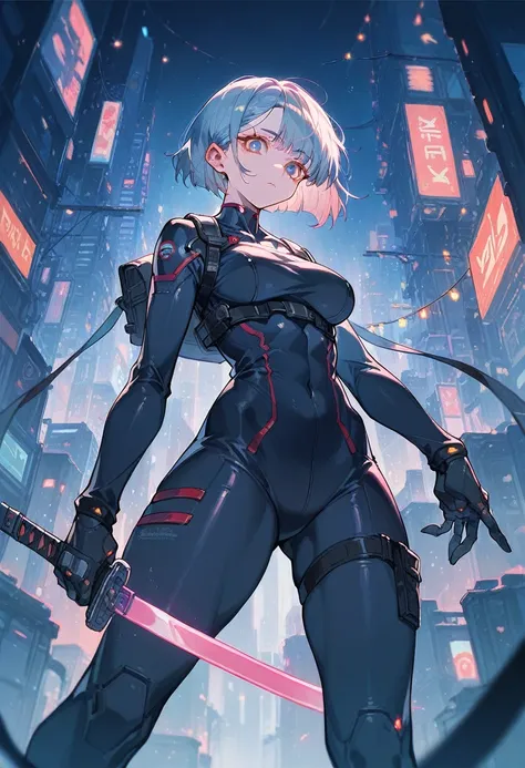 A city with a cyberpunk feel.shortage々Aesthetics created by colorful lights that create a dangerous atmosphere,Artistic atmosphere,A design with a particular attention to detail,Girl holding a holy sword,Cyber-inspired combat suit,Bodysuits excluded.