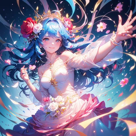 masterpiece, accurate, Anatomically correct, Best Quality, High resolution, Rose flower person、Rose Fairy、Rose Costume、Surrounded by roses、A gentle gaze、A kind smile,Blue Hair/Light blue hair, smile, Sparkle Effect, One girl, solo, 