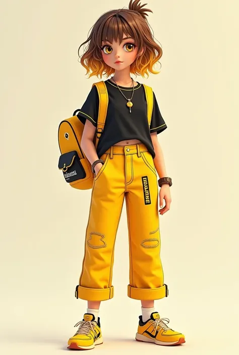 appearance:
A teenager with a mesomorphic complexion and light skin, brown eyes with a yellow tint.

hairstyle:
Light brown hair with bangs, yellow and golden highlights.

outfit:
A half black t-shirt, yellow half with the word "Quartz, Bright mustard yell...