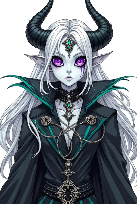 Monochrome manga art style, undead bone ghoul king character, captivating design with half purple half teal eyes, striking visual contrast, flowing white hair adorned with purple and teal highlights, intricately detailed bone jewelry emphasizing royal unde...