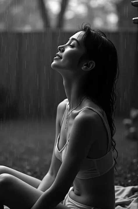 In the captivating 3/4 shot, a woman is seated on the ground in her backyard during a rainstorm. The scene is depicted in black and white, lending an ethereal and timeless quality to the photograph. In this side view, the womans slender figure is clad in s...