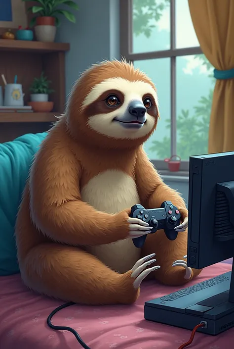 A sloth playing a video game, in drawing 